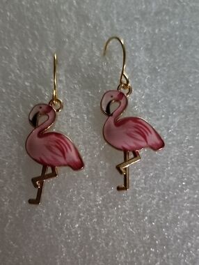 Hand Crafted Pink Flamingo Enamel Drop Earrings - Gold Tone